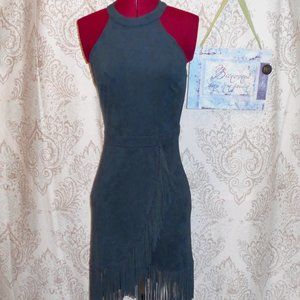Rosie Harlow M Blue Faux Suede Halter Dress Fringe Trim